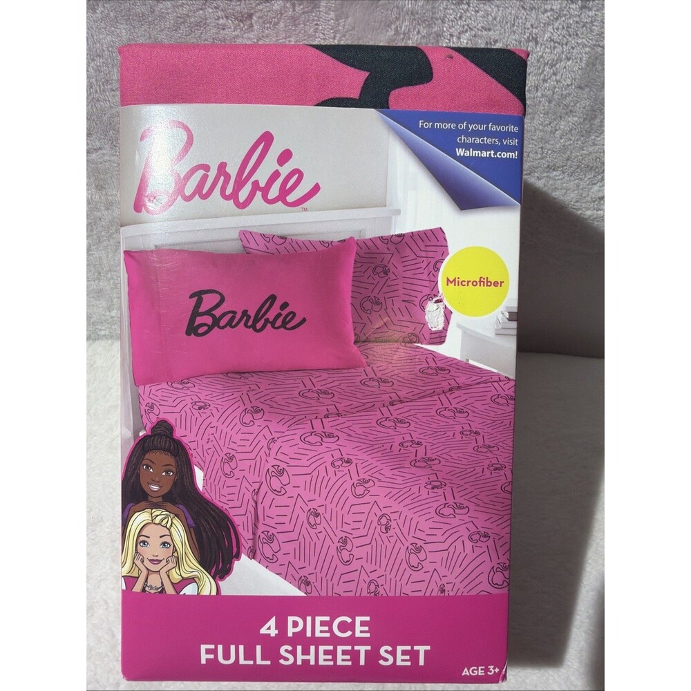 Barbie Full Sheet Set 4 Piece Pink Microfiber Fitted Flat Sheet Pillowcase